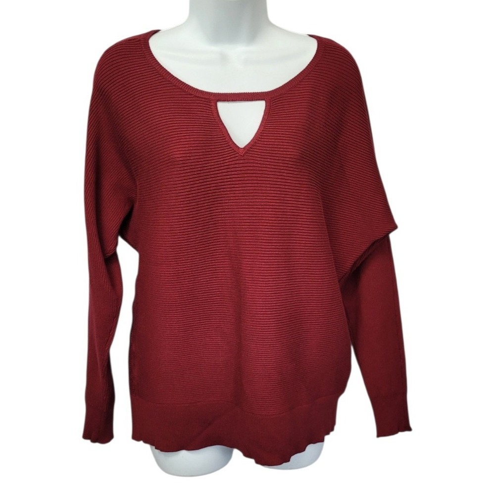 Maurices Sweater Womens M Ribbed Knit Burgundy Cutout V-Neck Dolman Fall Top